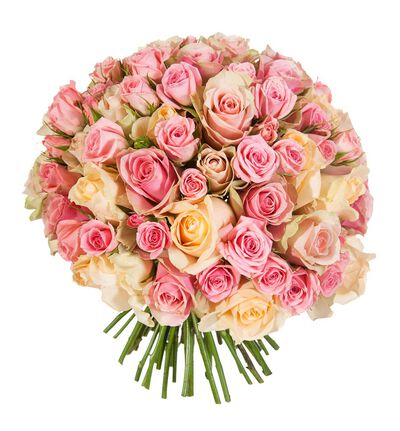 Klassisk brudebukett i fersken og rosa Klassisk brudebukett i fersken og rosa